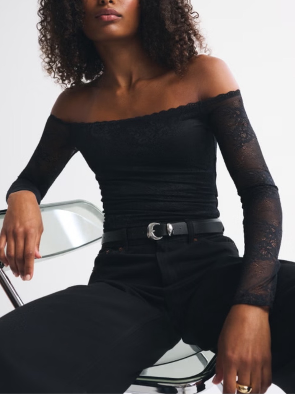 Abercrombie & Fitch Black Off-the-Shoulder Lace Long-Sleeve Top